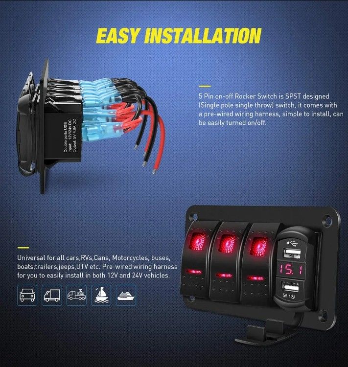 DC12V 24V 3 Gang Red LED Light Rocker Switch Panel Box With Dual 4.8A USB Charger Voltmeter Для автомобилей Морские грузовики Лодки
