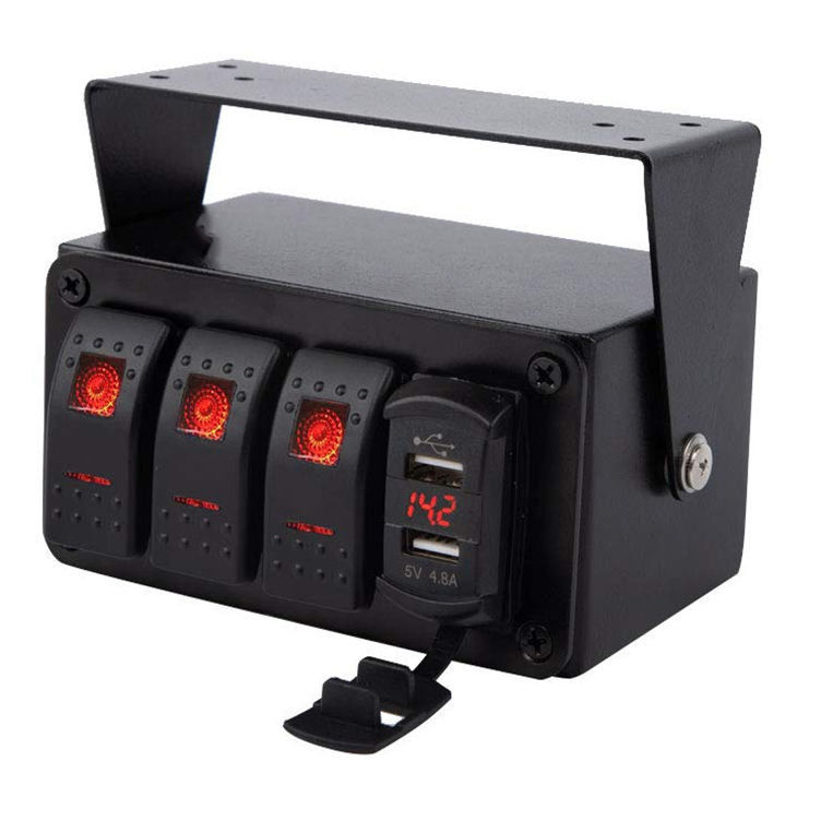 DC12V 24V 3 Gang Red LED Light Rocker Switch Panel Box с двойным зарядным устройством USB 4.8A