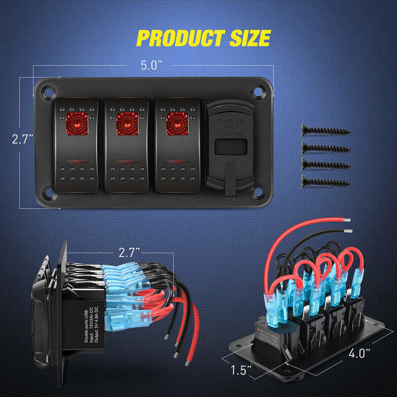 DC12V 24V 3 Gang Red LED Light Rocker Switch Panel Box с двойным зарядным устройством USB 4.8A